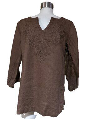 Nikki Valenti Top Womens 14 Brown Embroidered Irish Linen 3/4 Sleeve Boho Beach